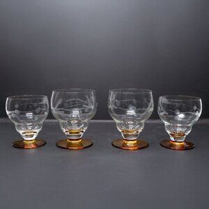 Vintage MCM Etched Grape & Vine Glasses Amber Footed Bases Grandmillennial x 4